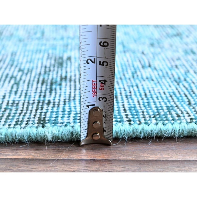 Teal Overdyed Vintage Persian Tabriz Hand Knotted Pure Wool Runner Rug - 6