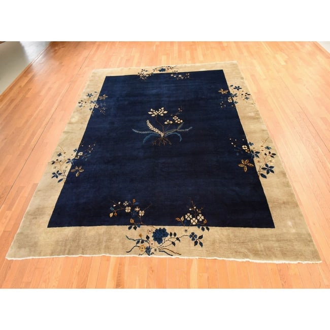 Midnight Blue Antique Chinese Nichols Art Deco Hand Knotted Wool Rug - 2