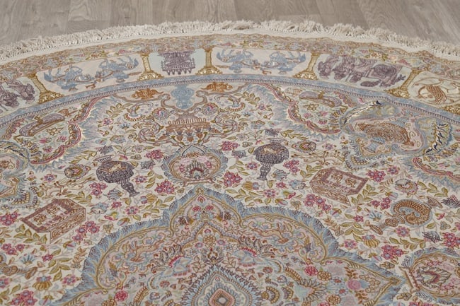 Antique Vegetable Dye Tabriz Persian Hand-Knotted 8x8 Wool Silk Round Rug - 13