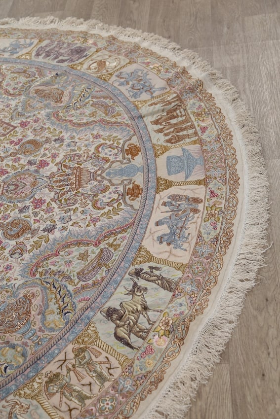 Antique Vegetable Dye Tabriz Persian Hand-Knotted 8x8 Wool Silk Round Rug - 14