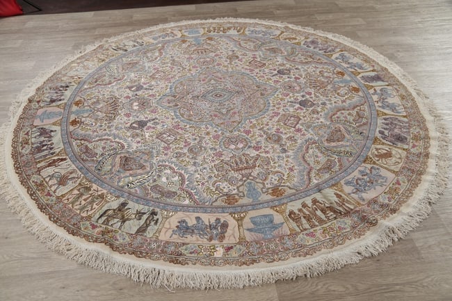 Antique Vegetable Dye Tabriz Persian Hand-Knotted 8x8 Wool Silk Round Rug - 15