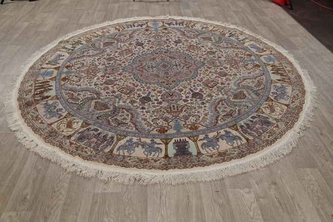 Antique Vegetable Dye Tabriz Persian Hand-Knotted 8x8 Wool Silk Round Rug - 16