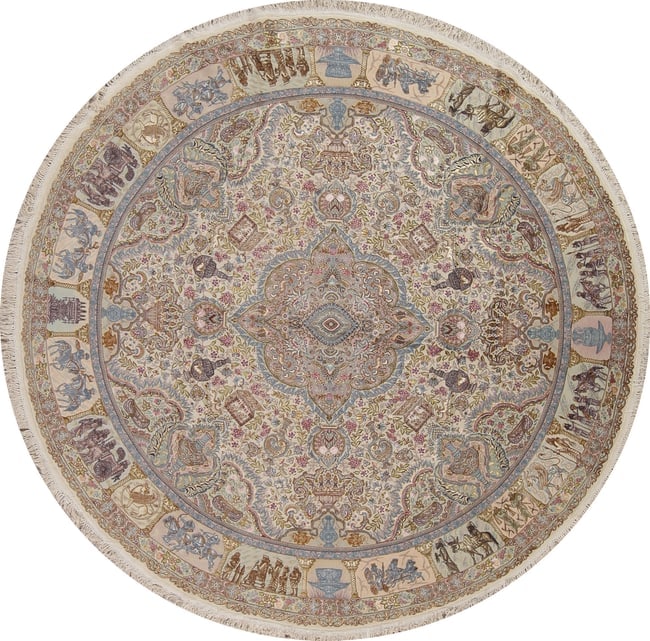 Antique Vegetable Dye Tabriz Persian Hand-Knotted 8x8 Wool Silk Round Rug: Title: Antique Vegetable Dye Tabriz Persian Hand-Knotted 8x8 Wool Silk Round RugDescription:A Beautiful Genuine Iran ( Persia ) Tabriz rug is Hand Knotted by skillful weavers in Iran ( Persia ) with