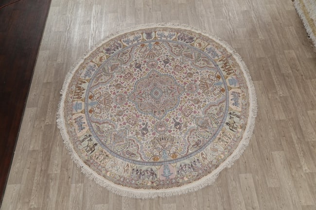 Antique Vegetable Dye Tabriz Persian Hand-Knotted 8x8 Wool Silk Round Rug - 2