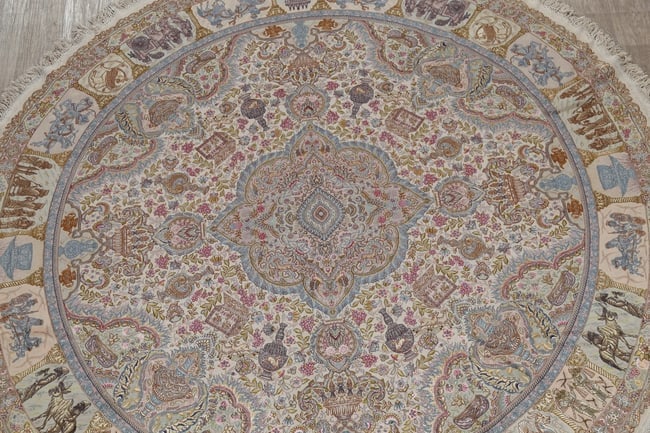 Antique Vegetable Dye Tabriz Persian Hand-Knotted 8x8 Wool Silk Round Rug - 3
