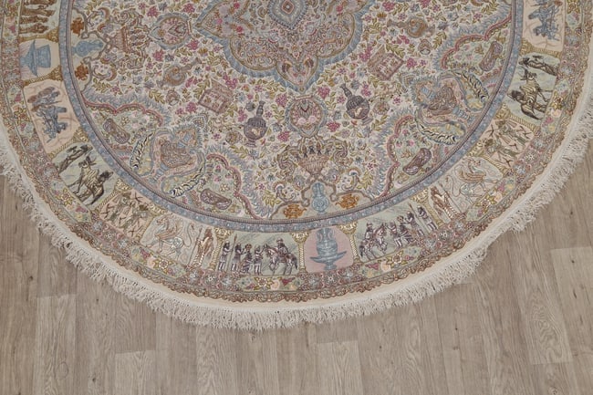 Antique Vegetable Dye Tabriz Persian Hand-Knotted 8x8 Wool Silk Round Rug - 5