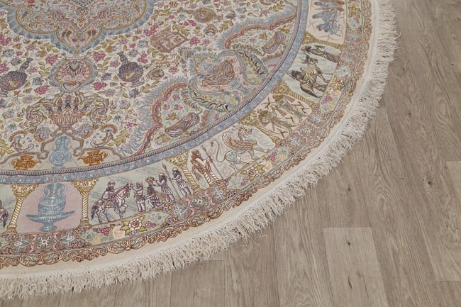 Antique Vegetable Dye Tabriz Persian Hand-Knotted 8x8 Wool Silk Round Rug - 6
