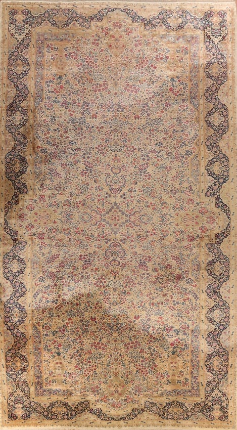 Vegetable Dye Antique Kerman Persian Large Rug 13x25: Title: Vegetable Dye Antique Kerman Persian Large Rug 13x25Description:A Beautiful Genuine Iran ( Persia ) Kerman rug is Hand Knotted by skillful weavers in Iran ( Persia ) with 100% Wool Material.