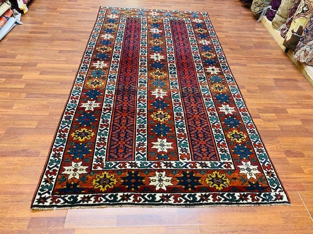 Antique Kazak Caucasian Rug-2146: Title:Antique Kazak Caucasian Rug-2146 Description:Unusual antique kazak Caucasian with strip design, from southwest Caucasian, size 5 ft by 9 ft. 6 inches, circa 1900, excellent condition with a good