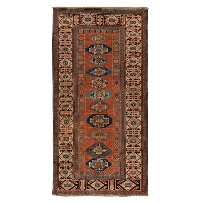 Auburn Red Antique Caucasian Mogan Kazak Hand Knotted Wool Runner Rug: Title: Auburn Red Antique Caucasian Mogan Kazak Hand Knotted Wool Runner Rug Description:This is a truly genuine one-of-a-kind. It has been Knotted for months and months in the centuries-old weaving c