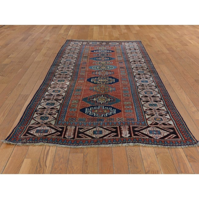 Auburn Red Antique Caucasian Mogan Kazak Hand Knotted Wool Runner Rug - 2
