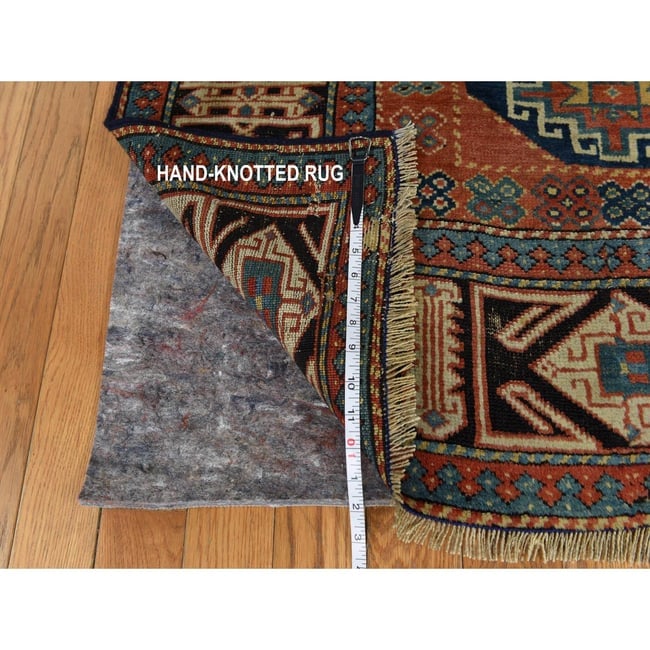 Auburn Red Antique Caucasian Mogan Kazak Hand Knotted Wool Runner Rug - 6