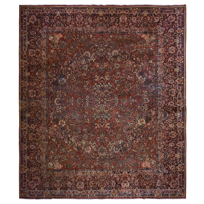Cinnamon Red Antique Persian Sarouk Hand Knotted Pure Wool Square Rug: Title: Cinnamon Red Antique Persian Sarouk Hand Knotted Pure Wool Square Rug Description:This is a truly genuine one-of-a-kind. It has been Knotted for months and months in the centuries-old weaving c