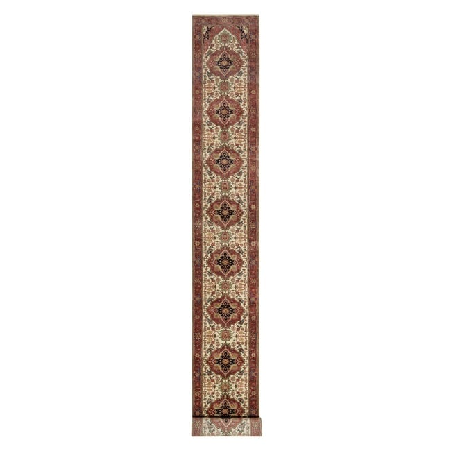 Ivory Hand Knotted Antiqued Fine Heriz Re-Creation Wool Runner Rug (1 of 8)