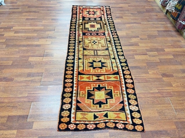 Antique Turkish Tribal Runner: Title:Antique Turkish Tribal Runner Description:An antique Turkisdh geometric runner , from central Turkey, size 2 ft. 6 inches by 7 ft. 9 inches, circa 1930, excellent condition with a good pile thro