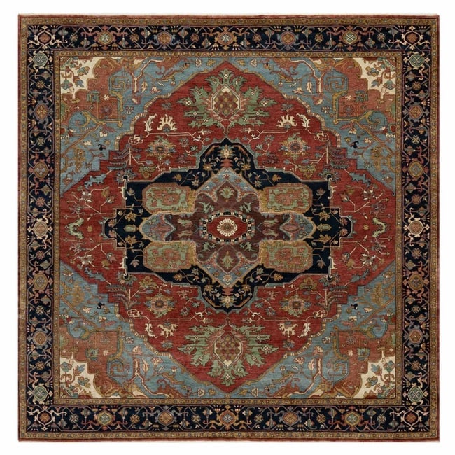 Red Antiqued Fine Heriz Re-Creation Soft Wool Hand Knotted Square Rug: Title: Red Antiqued Fine Heriz Re-Creation Soft Wool Hand Knotted Square RugDescription:This is a truly genuine one-of-a-kind. It has been Knotted for months and months in the centuries-old weaving