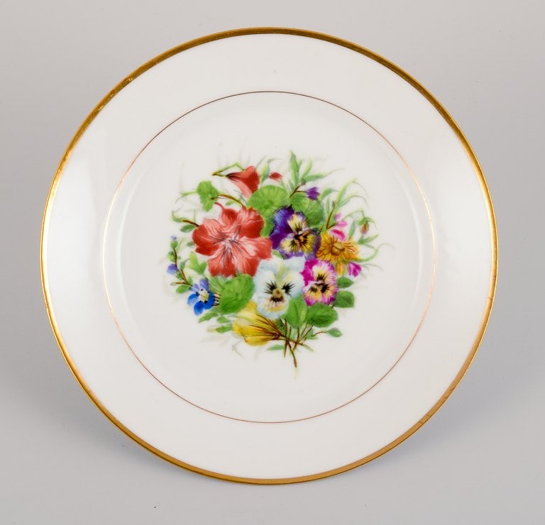 Bing & Grøndahl, five porcelain lunch plates hand-painted with polychrome flowers and gold - 2