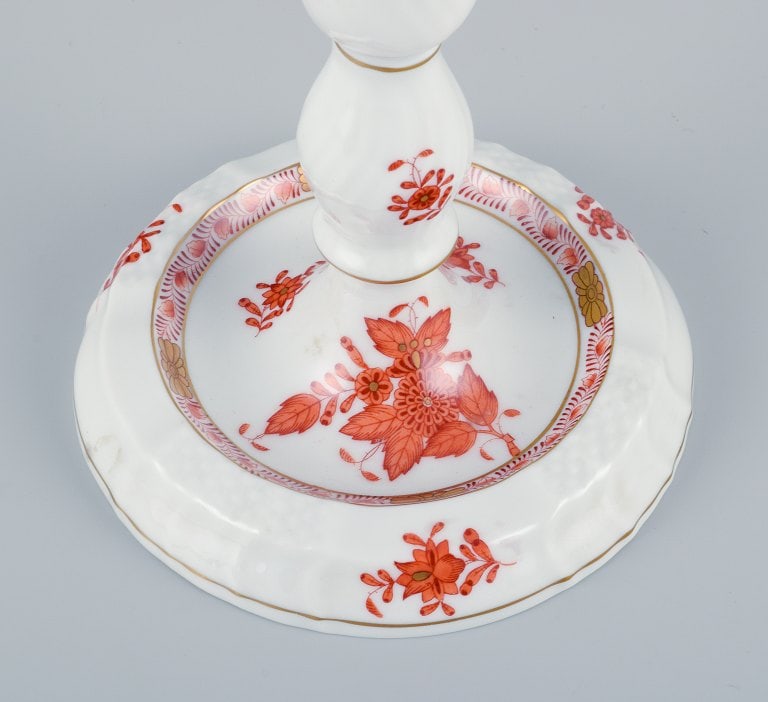 Herend, Hungary, two-armed porcelain footed candlestick, hand-painted with orange flowers. - 4