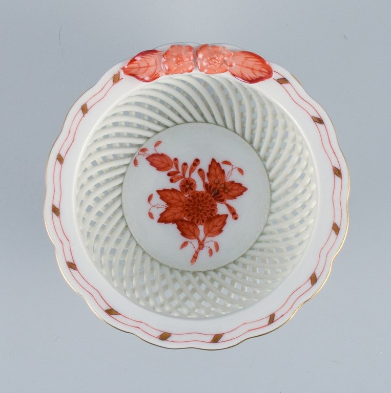 Herend, Hungary, reticulated porcelain bowl, hand painted with orange flowers. - 2