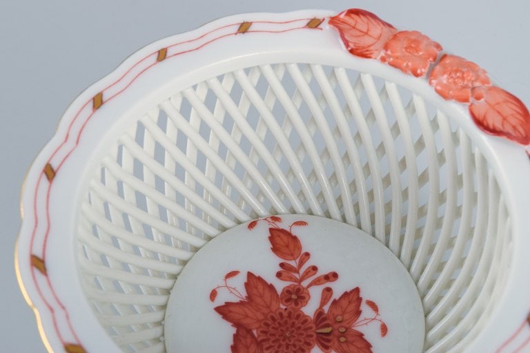 Herend, Hungary, reticulated porcelain bowl, hand painted with orange flowers. - 5