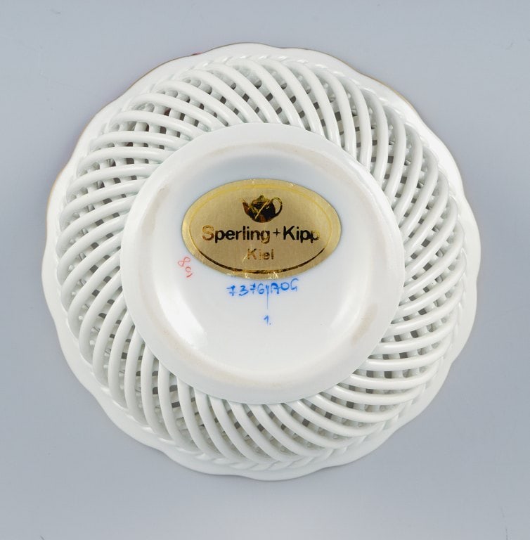 Herend, Hungary, reticulated porcelain bowl, hand painted with orange flowers. - 6