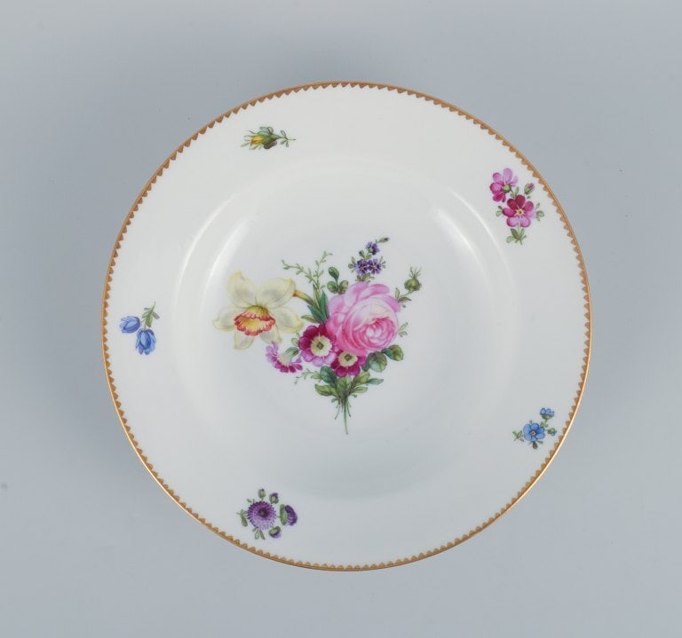 B&G, Bing & Grondahl Saxon flower. Six deep plates decorated with flowers and gold rim. - 5