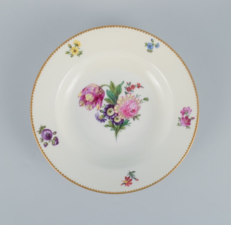 B&G, Bing & Grondahl Saxon flower. Six deep plates decorated with flowers and gold rim. - 7