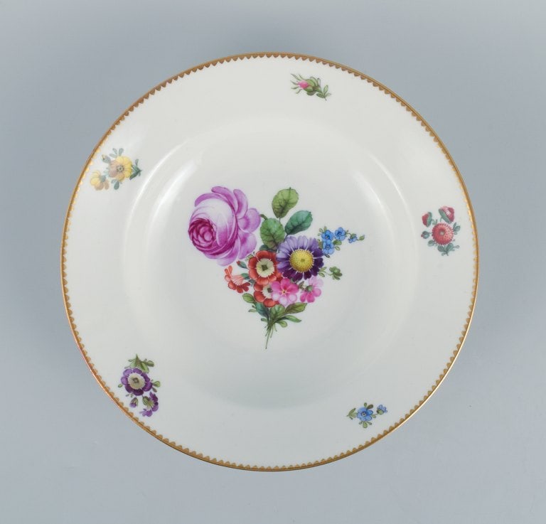 B&G, Bing & Grondahl Saxon flower. Six deep plates decorated with flowers and gold rim. - 7
