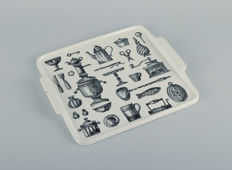 Arabia, Finland, porcelain tray decorated with antique kitchen utensils.: Arabia, Finland, porcelain tray decorated with antique kitchen utensils. 1970s. In excellent condition. Marked. First factory quality. Dimensions: W 24.5 x D 23.0 cm. Reserve: $350.00 Shipping: Domes