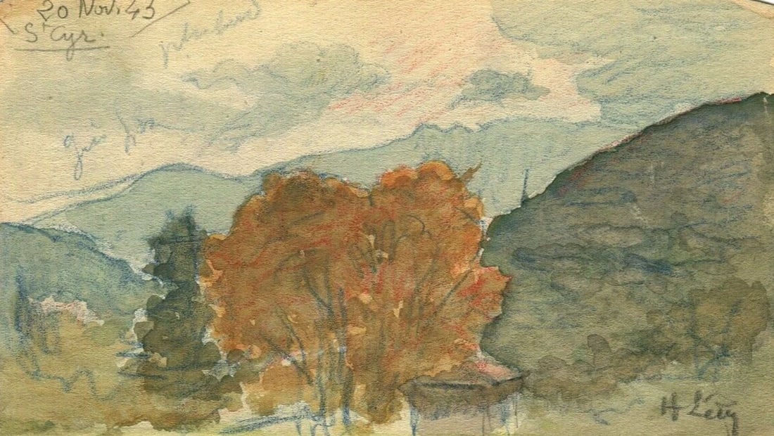 Early 20th French Pencil Drawing Landscape, Tree, St-Cyr, Mountain: Title: Early 20th French Pencil Drawing Landscape, Tree, St-Cyr, Mountain Description: Watercolor on paper 14.5 x 8.5 cm / 5.70 x 3.34 inches folds, stains Reserve: $50.00 Shipping: Domestic: Flat-
