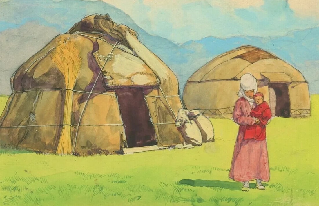 French Gouache Drawing Illustration, Tents Kyrgyz - Drawing Antique: Title: French Gouache Drawing Illustration, Tents Kyrgyz - Drawing Antique Description: Gouache on paper 15 x 10 cm / 5.90 x 3.93 inches Reserve: $50.00 Shipping: Domestic: Flat-rate of $20.00 to anyw