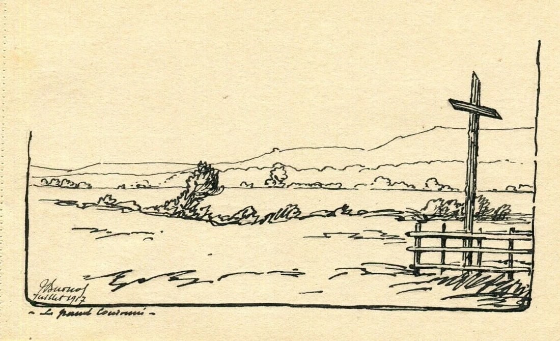 Early 20th French Ink Drawing Landscape, Hill, Cross, Barrier Signed 1917: Title: Early 20th French Ink Drawing Landscape, Hill, Cross, Barrier Signed 1917 Description: Ink on paper 15 x 10 cm / 5.90 x 3.93 inches folds, stains, laminated Reserve: $30.00 Shipping: Domesti