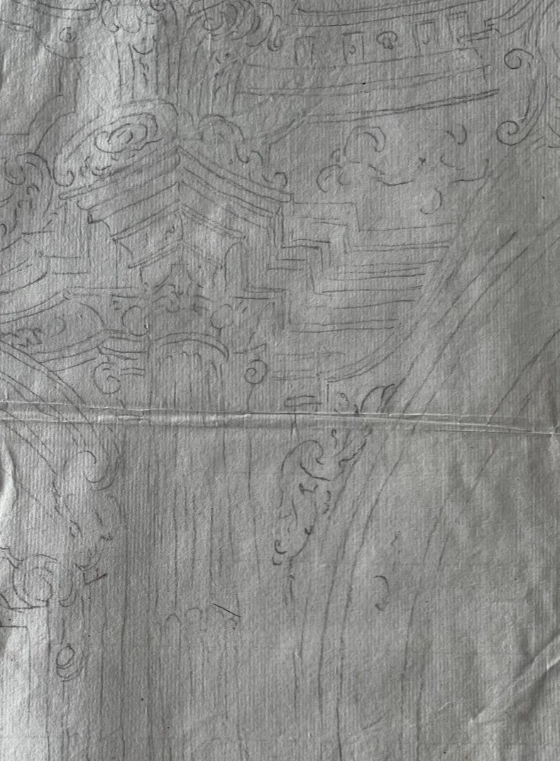 18th Century French Pencil Drawing Architecture Decoration Ornamentation: Title: 18th Century French Pencil Drawing Architecture Decoration Ornamentation Description: Ink on paper 34 x 47 cm / 13.38 x 18.50 inches stains, folds Reserve: $80.00 Shipping: Domestic: Flat-rate