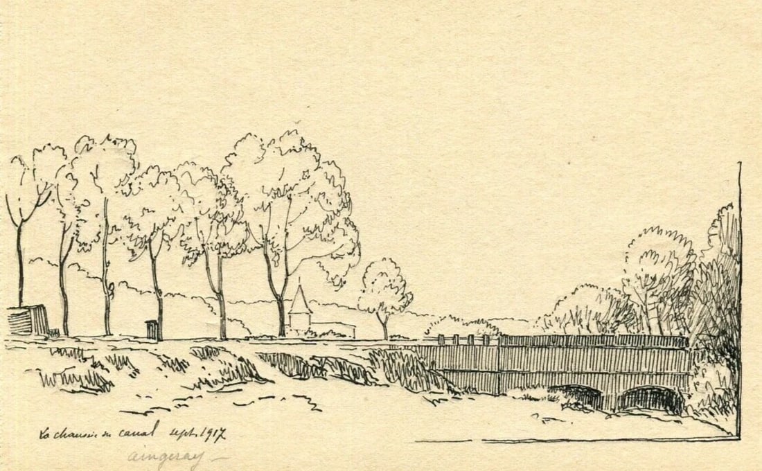 French Pencil Drawing Landscape Aingeray, Path next to the Canal: Title: French Pencil Drawing Landscape Aingeray, Path next to the Canal Description: Ink on paper 15 x 10 cm / 5.90 x 3.93 inches folds, stains, laminated on paper