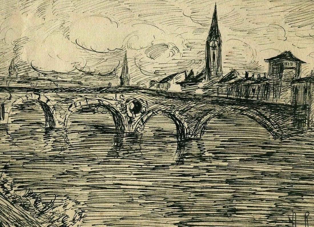 1923 Dated French Ink Drawing Village, Church Landscape Antique Original: Title: 1923 Dated French Ink Drawing Village, Church Landscape Antique Original Description: Ink on paper 14 x 20,5 cm / 5.51 x 8.07 inches folds, stains Reserve: $40.00 Shipping: Domestic: Flat-ra