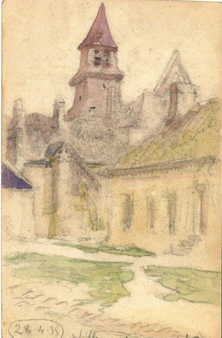 1935 Dated French Pencil Drawing Village Landscape, Church Signed Antique: Title: 1935 Dated French Pencil Drawing Village Landscape, Church Signed Antique Description: Watercolor on paper 14,5 x 8,5 cm / 5.70 x 3.34 inches folds, stains Reserve: $50.00 Shipping: Domestic
