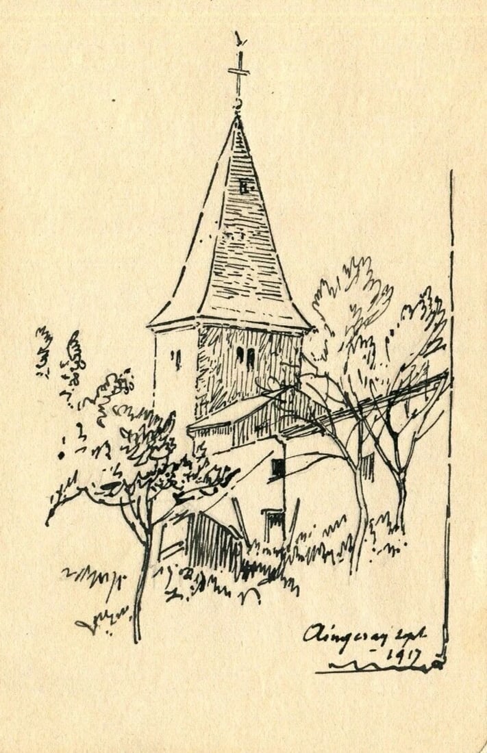 1917 Dated French Ink Drawing Aingeray, Eglise, Lorraine Signed Antique Original: Title: 1917 Dated French Ink Drawing Aingeray, Eglise, Lorraine Signed Antique Original Description: Ink on paper 15 x 10 cm / 5.90 x 3.93 inches folds, stains, laminated Reserve: $30.00 Shipping: