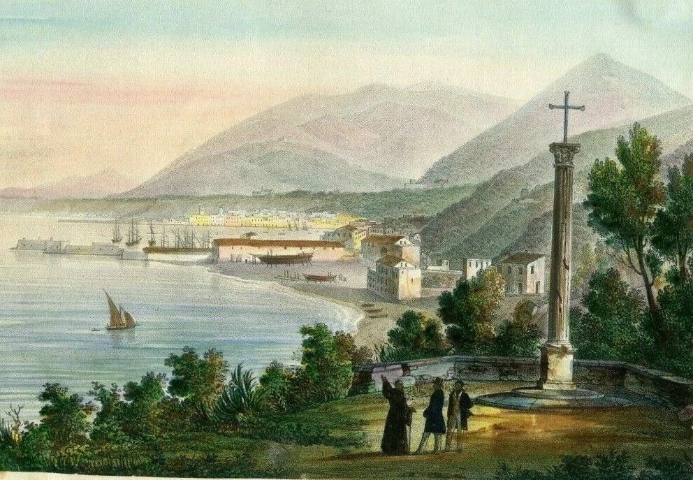 Antique Print 19th century Bay View Landscape, People, Cityview: Title: Antique Print 19th century Bay View Landscape, People, Cityview Description: old print on paper 13 x 19 cm stick on paper Reserve: $30.00 Shipping: Domestic: Flat-rate of $20.00 to anywhere