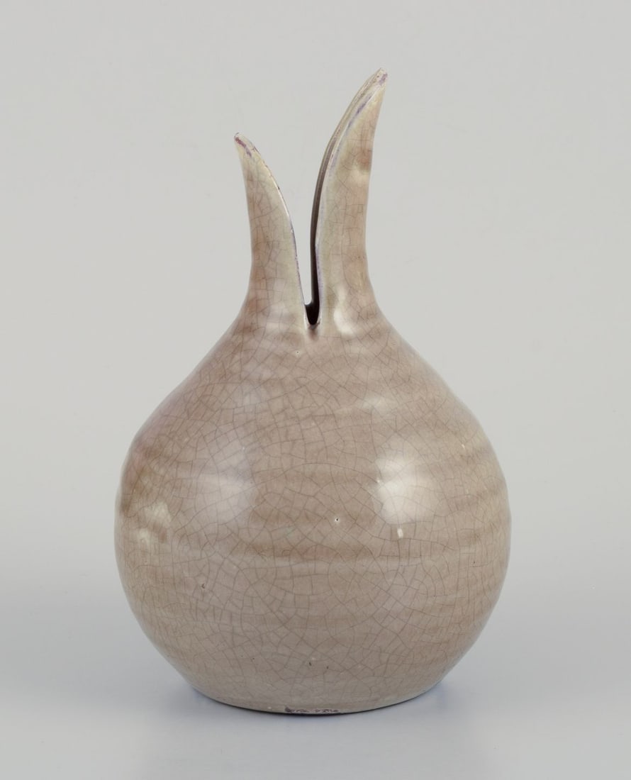 European studio ceramicist. Round vase with a two-part neck. 1970s/80s: Title: European studio ceramicist. Round vase with a two-part neck. 1970s/80s Description: European studio ceramicist. Round vase with a two-part neck. Glazed in light brown tones with natural craquel