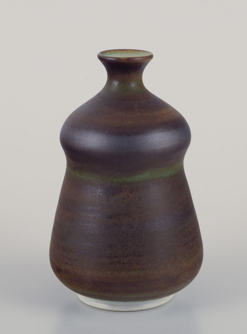John Andersson for Höganäs, Sweden. Ceramic vase with glaze in brown-green tones. Approx. (1 of 6)