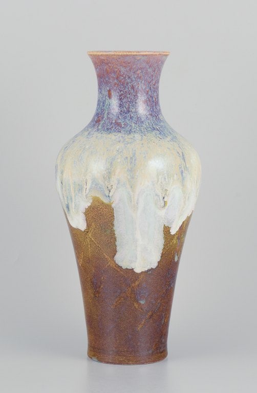 Sevres, France. Large unique porcelain vase with flowing glaze in ochre yellow, purple, and sand (1 of 9)