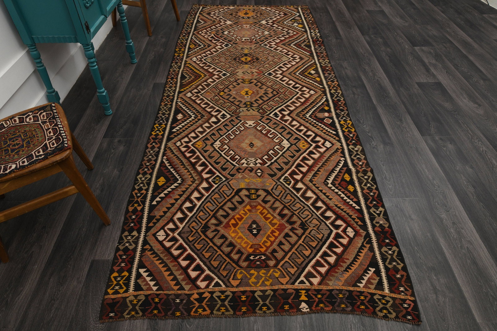 4.3x11.2 ft, TURKISH Runner: Title: 4.3x11.2 ft, TURKISH Runner Description: This Turkish one-of-a-kind Vintage Flatweave Kilim Rug is hand-knotted and handwoven by the most skilled artisans who use pure wool, in vibrant,