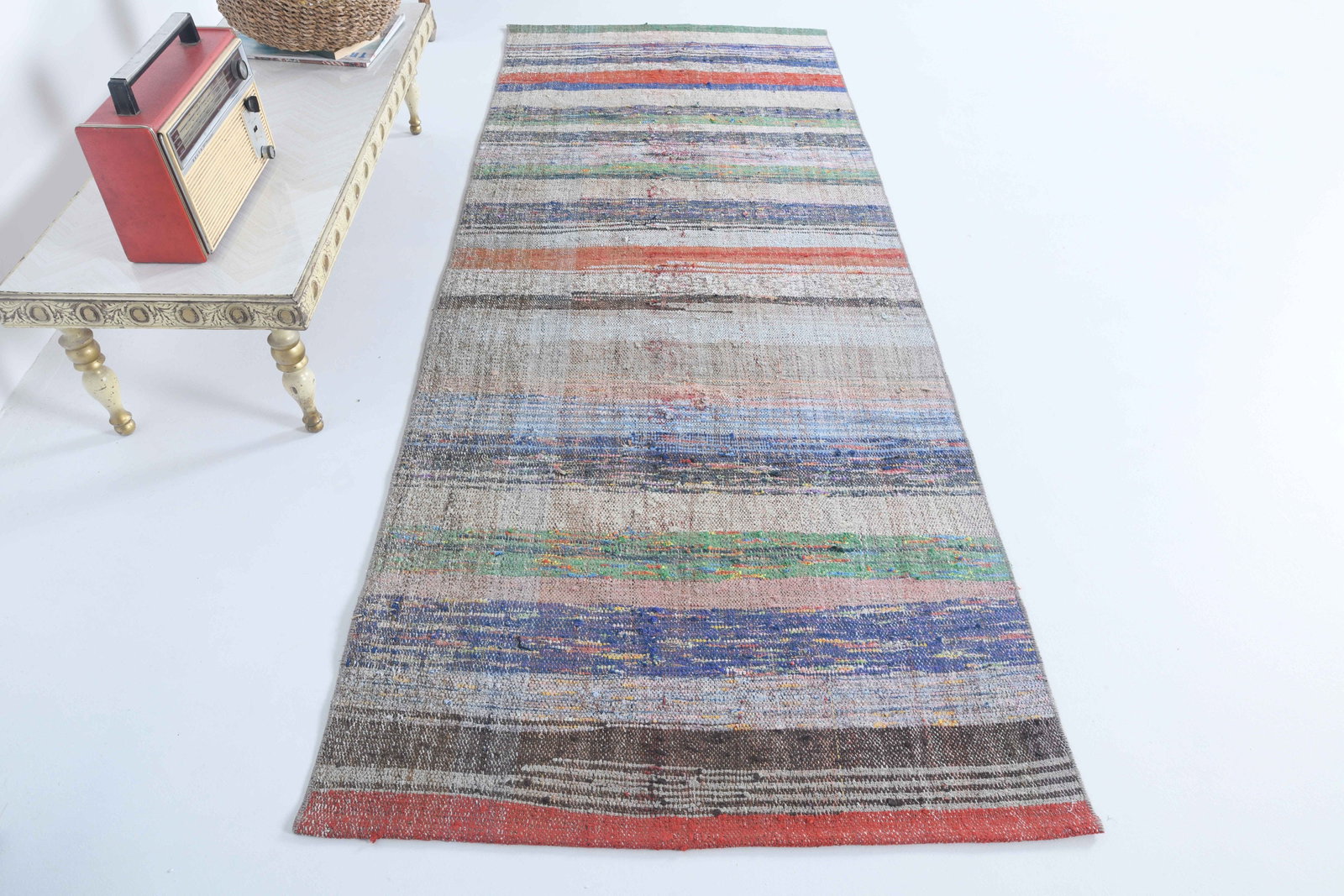 3x7.4 ft, TURKISH KILIM Runner: Title: 3x7.4 ft, TURKISH KILIM Runner Description: This Turkish one-of-a-kind Vintage Flatweave Kilim Rug is hand-knotted and handwoven by the most skilled artisans who use pure wool, in vibrant,