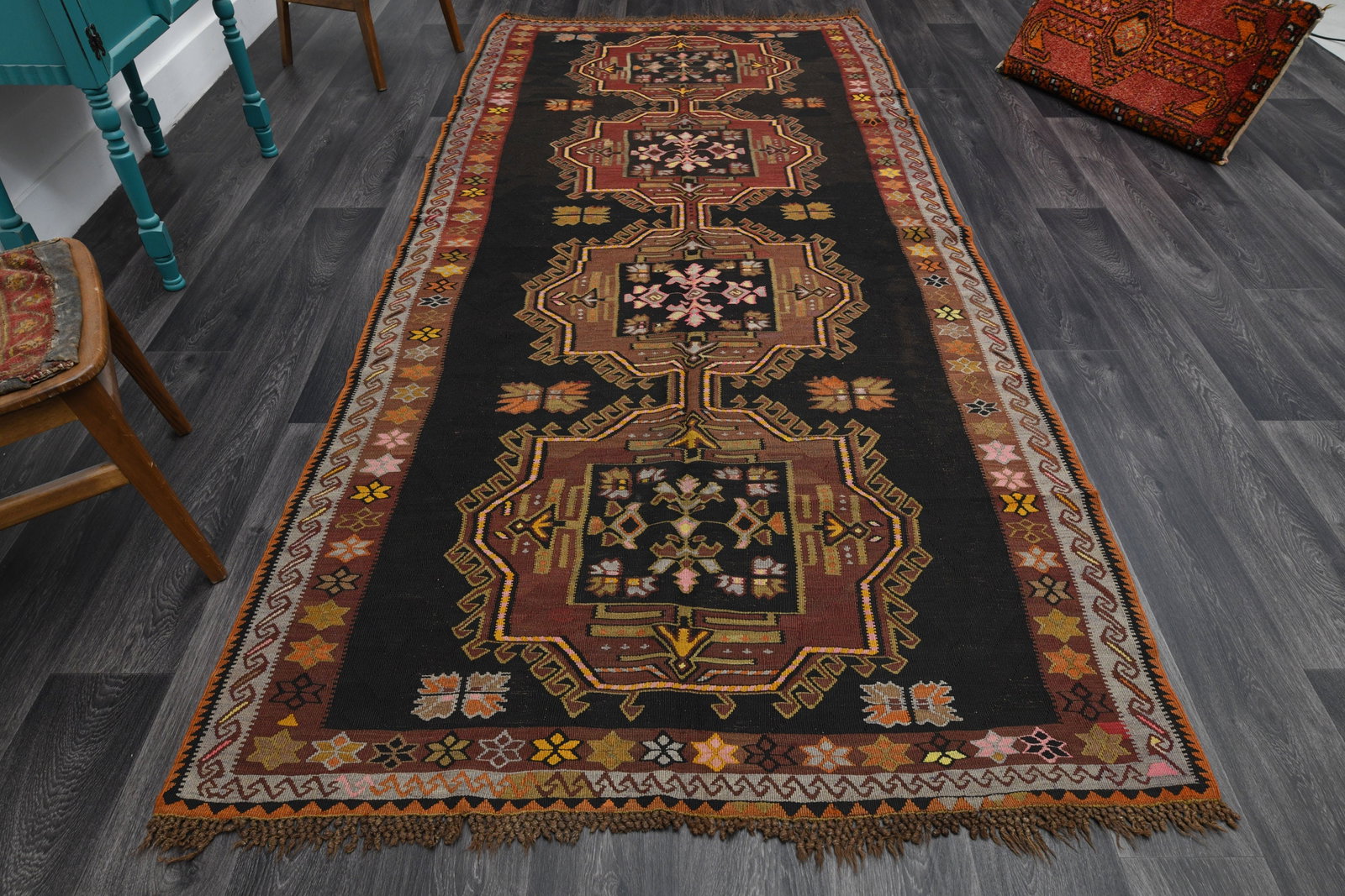 4.9x10.8 Ft, WIDE KILIM Runner Rug: Title: 4.9x10.8 Ft, WIDE KILIM Runner Rug Description: This Turkish one-of-a-kind Vintage Flatweave Kilim Rug is hand-knotted and handwoven by the most skilled artisans who use pure wool, in vibrant,