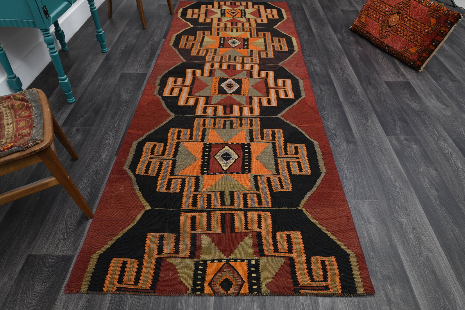 3.9x10.7 ft, Red Bohemian Kilim Rug: Title: 3.9x10.7 ft, Red Bohemian Kilim Rug Description: This Turkish one-of-a-kind Vintage Flatweave Kilim Rug is hand-knotted and handwoven by the most skilled artisans who use pure wool, in