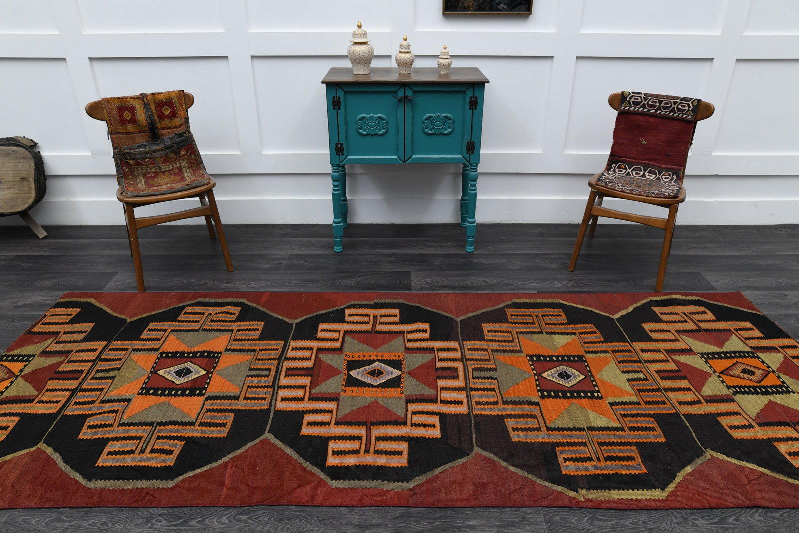 3.9x10.7 ft, Red Bohemian Kilim Rug - 3