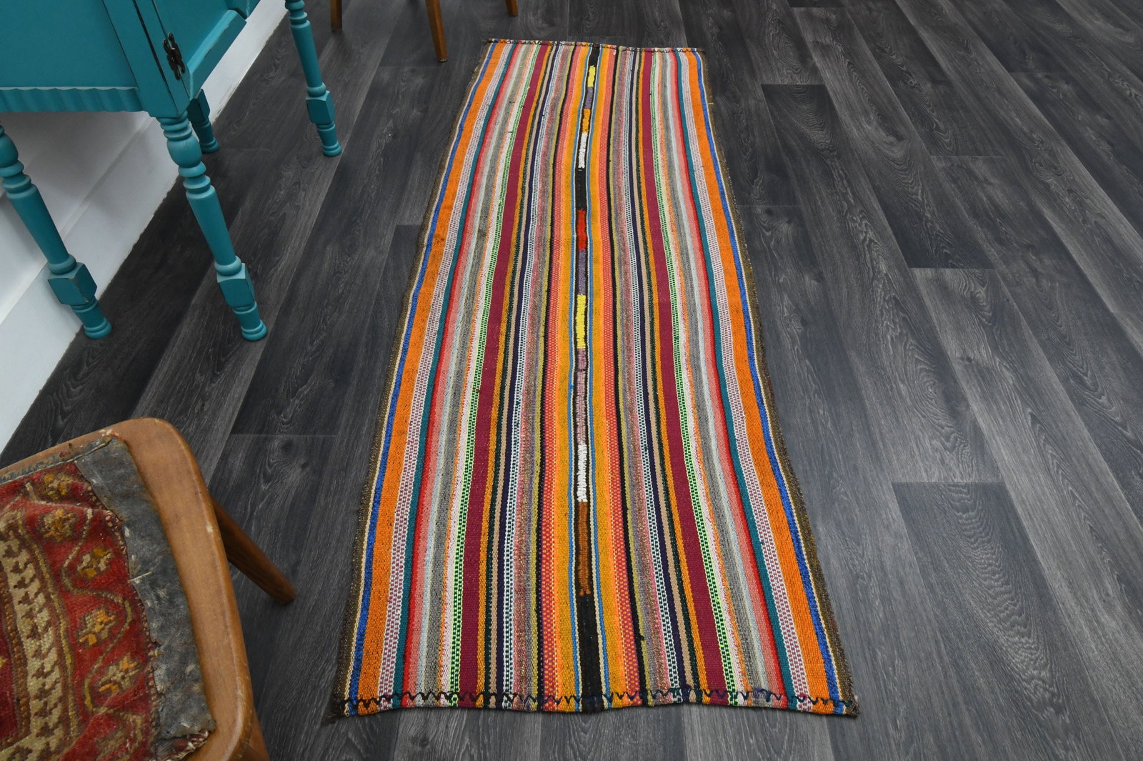 2.5x7.1 ft, TURKISH KILIM Runner: Title: 2.5x7.1 ft, TURKISH KILIM Runner Description: This Turkish one-of-a-kind Vintage Flatweave Kilim Rug is hand-knotted and handwoven by the most skilled artisans who use pure wool, in vibrant,