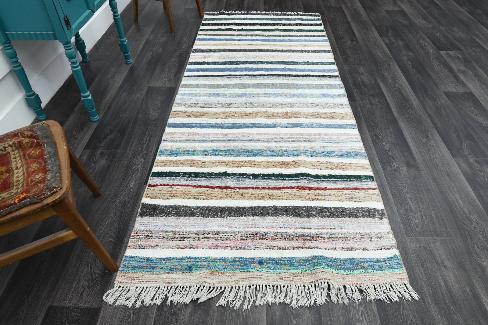 3.7x9 ft, TURKISH KILIM Rug: Title: 3.7x9 ft, TURKISH KILIM Rug Description: This Turkish one-of-a-kind Vintage Flatweave Kilim Rug is hand-knotted and handwoven by the most skilled artisans who use pure wool, in vibrant, natural