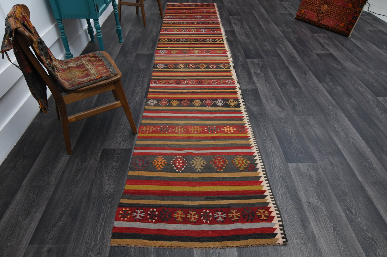 2.8x13.6 ft, TURKISH Rug Runner: Title: 2.8x13.6 ft, TURKISH Rug Runner Description: This Turkish one-of-a-kind Vintage Flatweave Kilim Rug is hand-knotted and handwoven by the most skilled artisans who use pure wool, in vibrant, nat