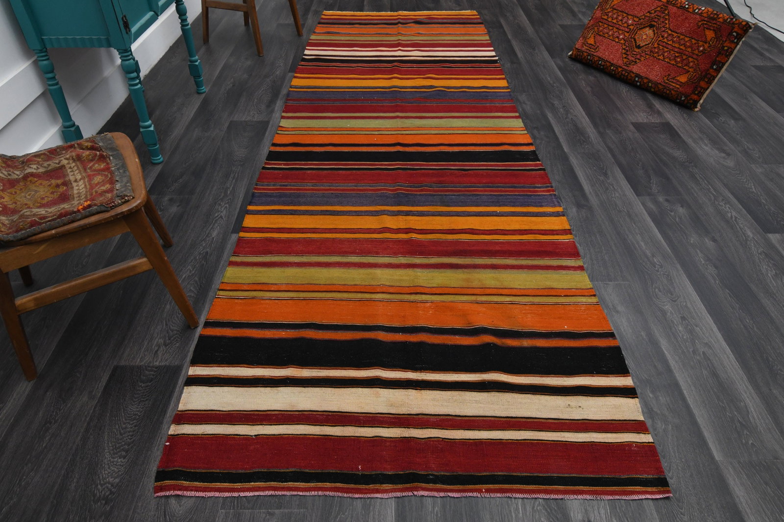 4x11.9 ft, TURKISH KILIM Runner: Title: 4x11.9 ft, TURKISH KILIM Runner Description: This Turkish one-of-a-kind Vintage Flatweave Kilim Rug is hand-knotted and handwoven by the most skilled artisans who use pure wool, in vibrant, nat
